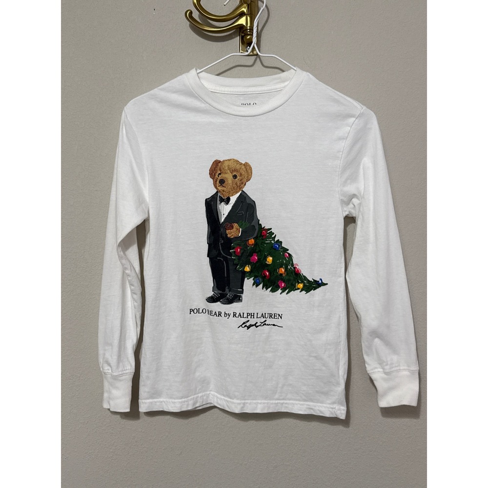 Polo Ralph Lauren Graphic T-Shirt Kids Size S 8 White Polo Bear‎ Christmas Tree
